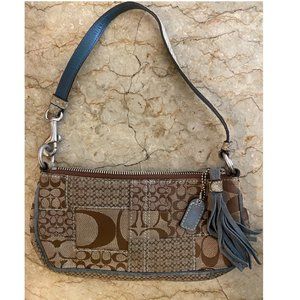 Authentic Coach Logo Small Purse, Tan with Blue Leather Strap